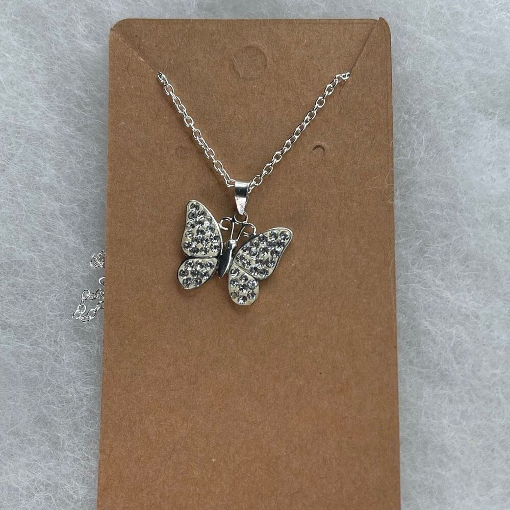 Sterling silver butterfly pendant with rhinestones and silver 18” chain.